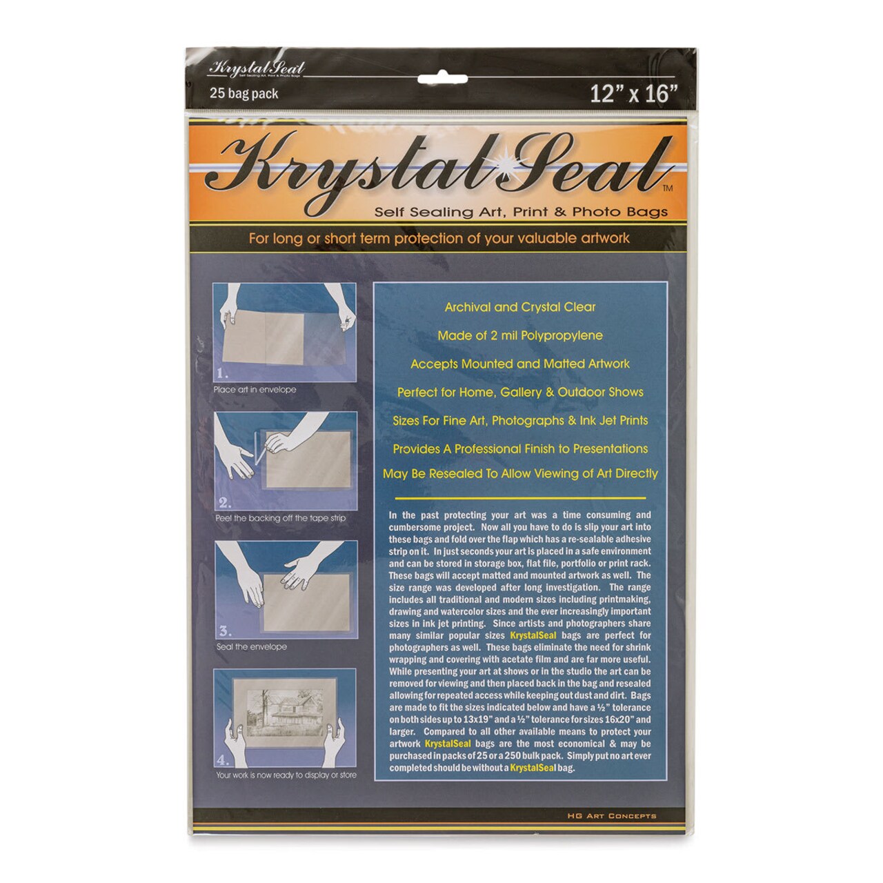 Krystal Seal Self-Sealing Art, Print, and Photo Bag Pack - 12" x 16", Pkg of 25